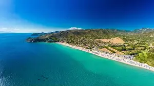 Cagliari Prints: Aerial drone panoramic view of the Solanas beach in the province Sinnai in Sardinia, Italy