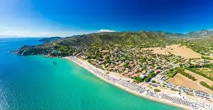 Cagliari Prints: Aerial drone panoramic view of the Solanas beach in the province Sinnai in Sardinia, Italy
