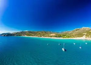 Cagliari Prints: Aerial drone panoramic view of the Solanas beach in the province Sinnai in Sardinia, Italy