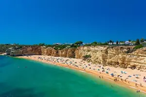 Aerial drone panoramic views of Praia Nova and Praia de Nossa beach, Algarve, Portugal