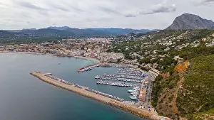Alicante Province Prints: Aerial drone photo of the bay and coastal town of Xabia/Javea in the Costa Blanca, Spain