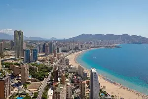 Costa Del Sol Prints: Aerial drone photo of the beautiful city of Benidorm in Spain showing the south beach Promenade and the hotels