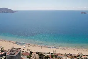 Costa Del Sol Prints: Aerial drone photo of the beautiful city of Benidorm in Spain showing the south beach Promenade and the hotels