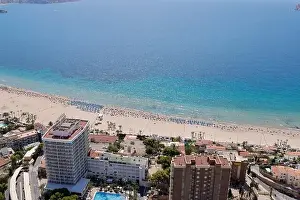 Costa Del Sol Prints: Aerial drone photo of the beautiful city of Benidorm in Spain showing the south beach Promenade and the hotels