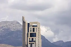 Drone Photo Prints: Aerial drone photo of the beautiful town of Benidorm in Spain showing the top of the famous Gran Hotel Bali hotel with