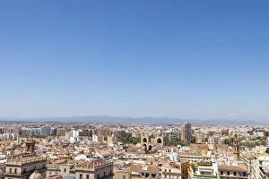 Spanish City Prints: Aerial drone photo of the city centre of the Spanish city of Valencia in the Summer time showing an aerial view of