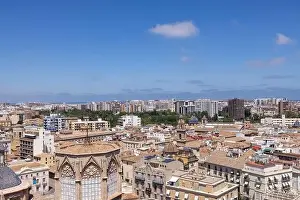 Spanish City Prints: Aerial drone photo of the city centre of the Spanish city of Valencia in the Summer time showing an aerial view of