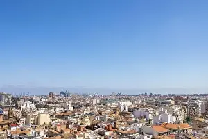 Valencia Prints: Aerial drone photo of the city centre of the Spanish city of Valencia in the Summer time showing an aerial view of