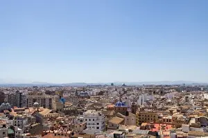 Valencia Prints: Aerial drone photo of the city centre of the Spanish city of Valencia in the Summer time showing an aerial view of