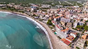 Spanish Town Prints: Aerial drone photo of the coastal town named L'Hospitalet de l'infant in Spain