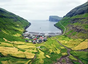 Aerial drone photo flying over Tjornuvik beach on Streymoy island, Faroe Islands, Denmark. Landscape photography