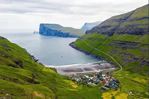 Aerial drone photo flying over Tjornuvik beach on Streymoy island, Faroe Islands, Denmark. Landscape photography