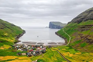Aerial drone photo flying over Tjornuvik beach on Streymoy island, Faroe Islands, Denmark. Landscape photography