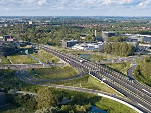 Leiden Prints: Aerial drone photo of an highway intersection of the A44 in Leiden, the Netherlands