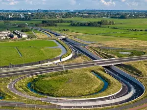 Leiden Prints: Aerial drone photo of an highway intersection of the A44 in Leiden, the Netherlands