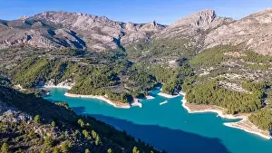Costa Blanca Prints: Aerial drone photo of the lake Guadalest in the mountains near the Costa Blanca, Spain