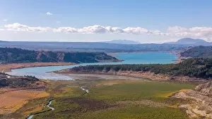 Geopark Prints: Aerial drone photo of the lake Negratin and the hot springs which are located in the Granada Geopark