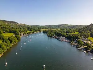 Aerial drone photo of lake Windermere in summer. It is the largest lake in Cumbria, England