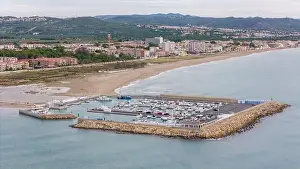 Aerial drone photo of the marina in the Spanish coastal town named Coma-Ruga in Tarragona