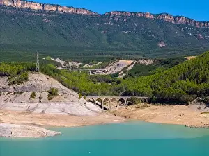 Northern Spain Prints: This aerial drone photo shows the beautiful lake Aragon in the Spanish Pyrenees
