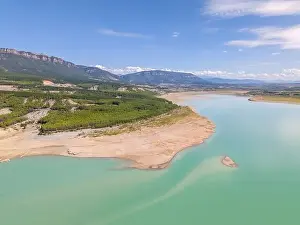 Northern Spain Prints: This aerial drone photo shows the beautiful lake Aragon in the Spanish Pyrenees