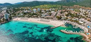 Palma Prints: Aerial drone top down photo of small emerald sea tropical port