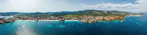 Palma Prints: Aerial drone top down photo of small emerald sea tropical port