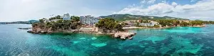 Palma Prints: Aerial drone top down photo of small emerald sea tropical port