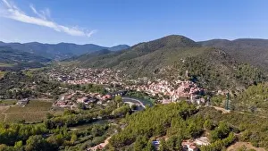 Herault Prints: Aerial drone photo of the small village named Roquebrun