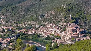 Herault Prints: Aerial drone photo of the small village named Roquebrun