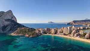 Spanish Coast Prints: Aerial drone photo of the Spanish coastal town named Calpe in the Costa Blanca
