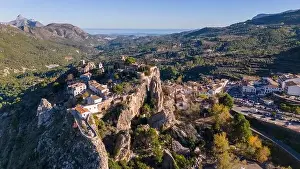 Aerial drone photo of the Spanish mountain town named El Castell de Guadalest