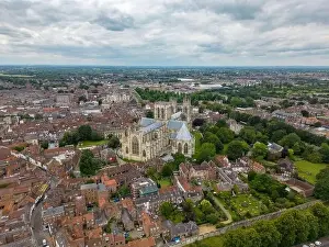 Minster Prints: Aerial drone photo of the York Minster, a huge cathedral in York England
