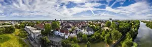 City Wall Prints: Aerial drone picture of the historical city of Steinheim near Hanau at river Main in Germany during daytime