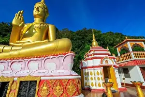 Scenic Photography Prints: Aerial drone point of view landscape of Wat Khao Rang a buddhist Thai temple on the island of Phuket