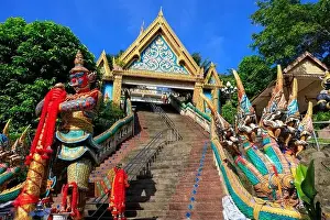 Aerial drone point of view landscape of Wat Khao Rang a buddhist Thai temple on the island of Phuket, Thailand
