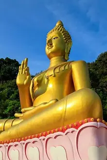 Aerial drone point of view landscape of Wat Khao Rang a buddhist Thai temple on the island of Phuket, Thailand