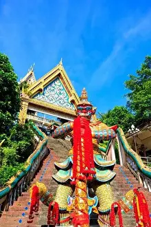 Point Of View Prints: Aerial drone point of view landscape of Wat Khao Rang a buddhist Thai temple on the island of Phuket