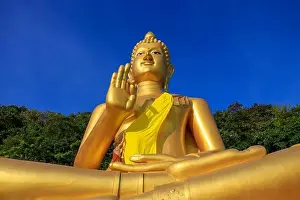 Point Of View Prints: Aerial drone point of view landscape of Wat Khao Rang a buddhist Thai temple on the island of Phuket