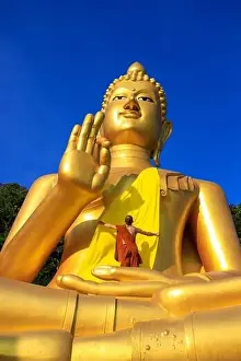 Point Of View Prints: Aerial drone point of view landscape of Wat Khao Rang a buddhist Thai temple on the island of Phuket