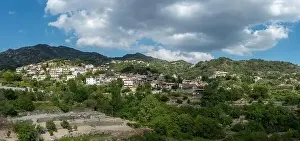 Drone Aerial Prints: Aerial drone scenery of mountain traditional village of Agros. Nicosia Cyprus