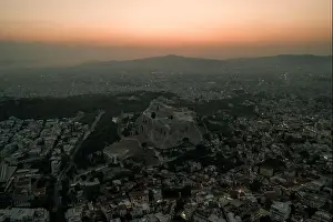 Gods View Prints: Aerial drone shot of Acropolis of Athens and its surroundings during sunset before evening