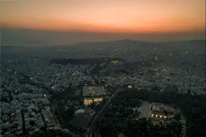 Gods View Prints: Aerial drone shot of Acropolis of Athens and its surroundings during sunset before evening