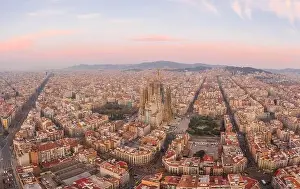 Montjuic Prints: Aerial drone shot of Barcelona city center with Montjuic in early morning before sunrise in Spain winter dawn