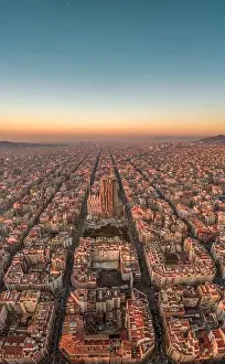 Gaudi Prints: Aerial drone shot of Barcelona city before sunrise golden hour