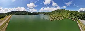 Top Down Prints: Aerial Drone shot bird eye view rainforest and road around the dam lake