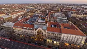 Bistro Prints: Aerial drone shot of Bubble Bar terrace on rooftop of Budapest building in sunset