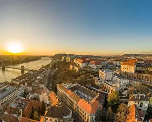 National Gallery Prints: Aerial drone shot of Buda castle on Buda hill during Budapest sunrise morning glow