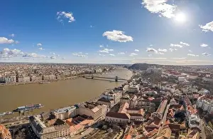 National Gallery Prints: Aerial drone shot of Chain bridge over Danube from Buda hill in Budapest winter morning