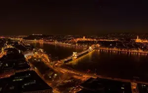 National Gallery Prints: Aerial drone shot of Chain bridge over Danube and National Gallery with lights in Budapest night